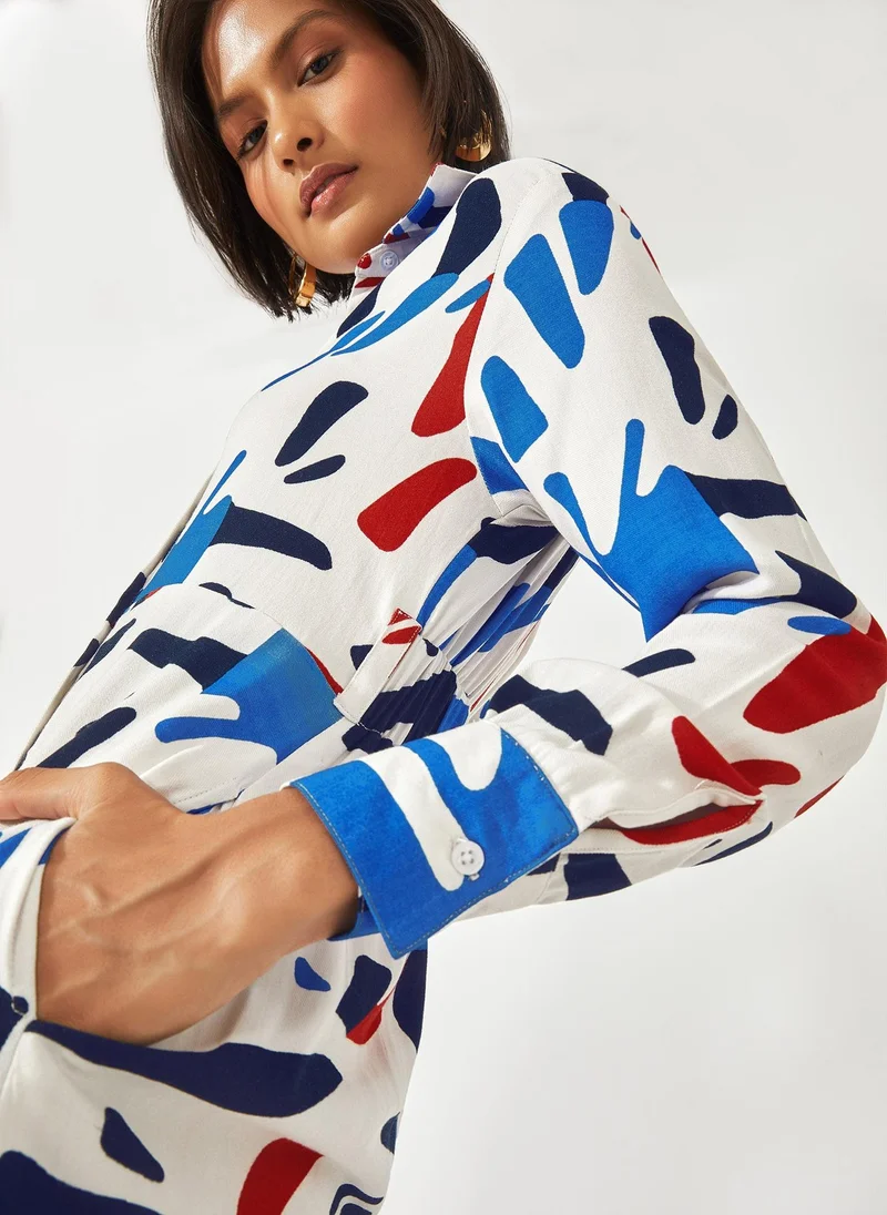 The Label Life Abstract Graphic Print Belted Jumpsuit