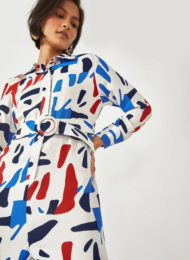 The Label Life Abstract Graphic Print Belted Jumpsuit