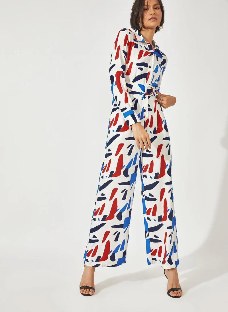 The Label Life Abstract Graphic Print Belted Jumpsuit
