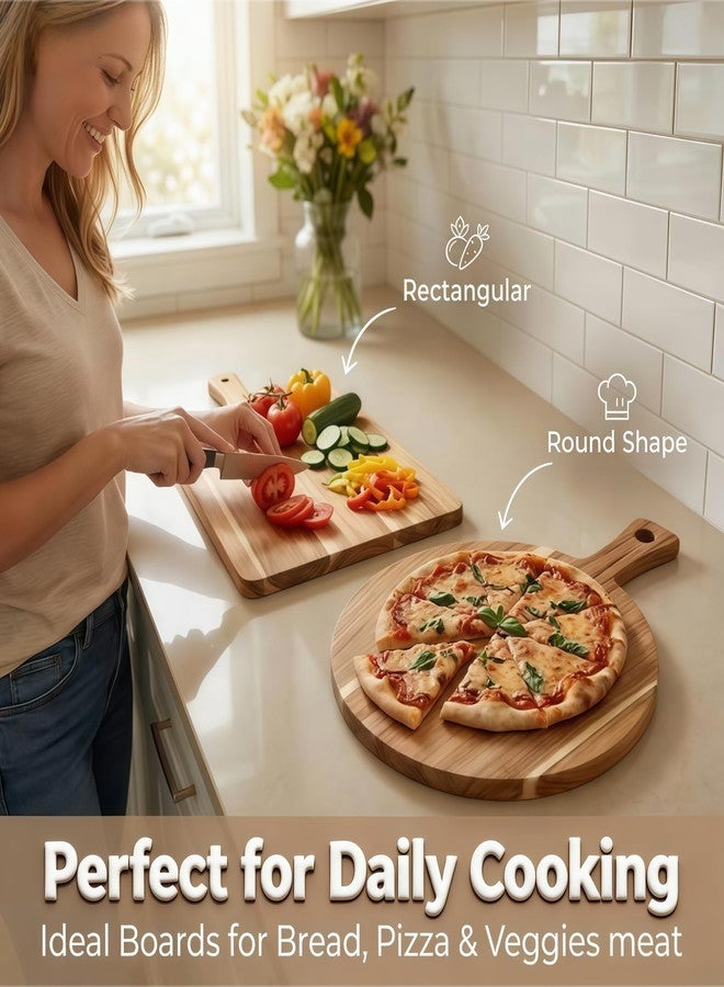 YALONG Acacia Wood Cutting Boards Set of 2, Round & Rectangular Wooden Cutting Board with Handle, Charcuterie Cheese Pizza Bread Steak Board, Decorative Wooden Cutting Boards for Kitchen - Image 5