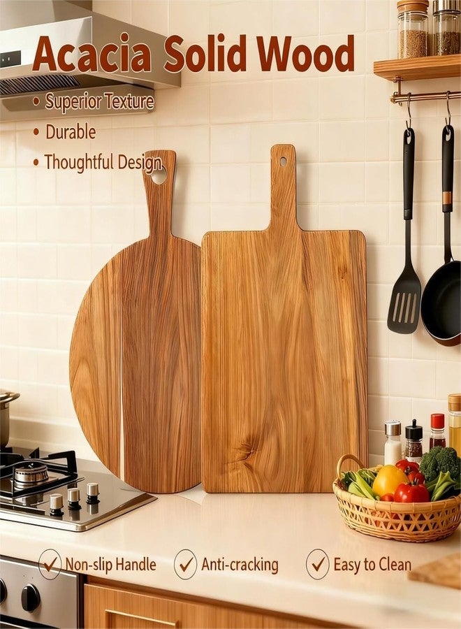 YALONG Acacia Wood Cutting Boards Set of 2, Round & Rectangular Wooden Cutting Board with Handle, Charcuterie Cheese Pizza Bread Steak Board, Decorative Wooden Cutting Boards for Kitchen - Image 3