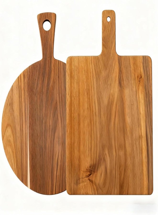 YALONG Acacia Wood Cutting Boards Set of 2, Round & Rectangular Wooden Cutting Board with Handle, Charcuterie Cheese Pizza Bread Steak Board, Decorative Wooden Cutting Boards for Kitchen - Image 1