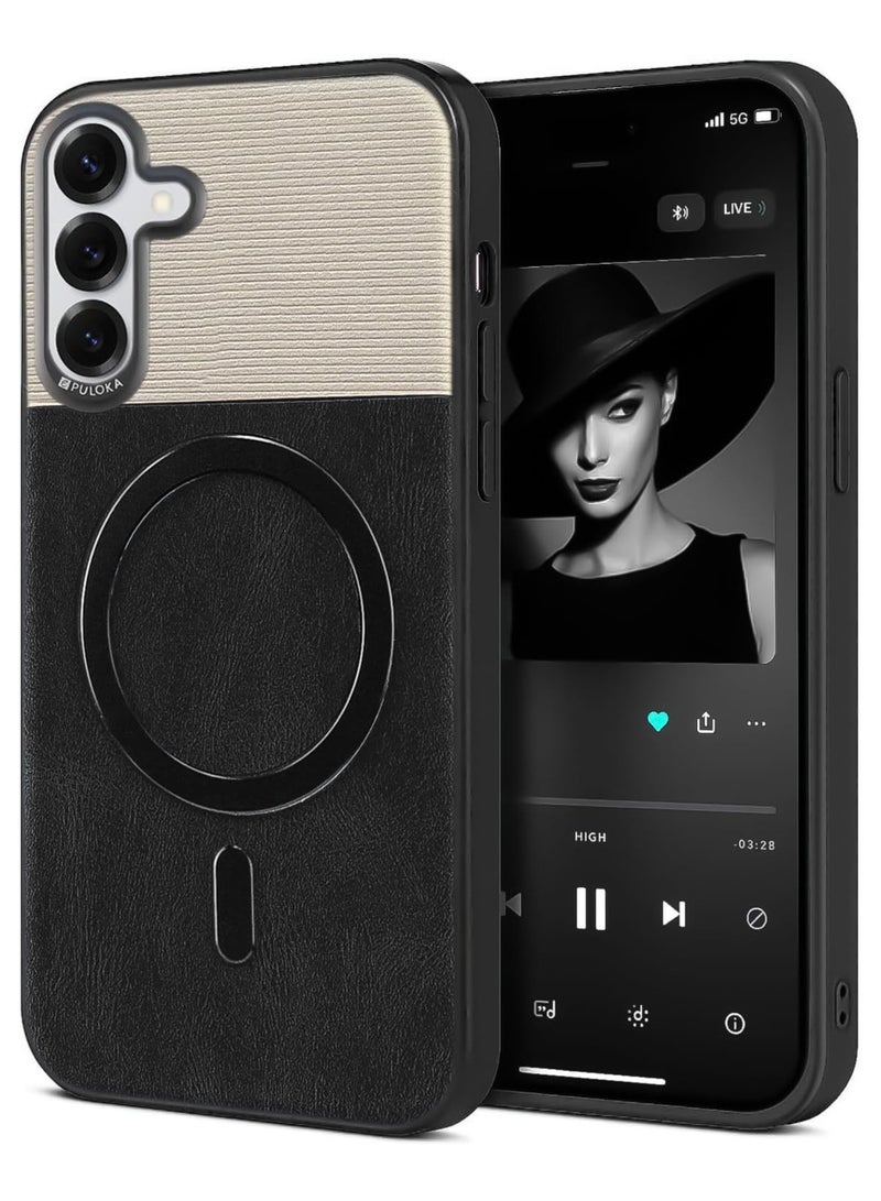 Luxury Leather Back Protection Case, Two-Tone Design with Stylish Metal Camera Frame, MagSafe Compatible for For Samsung Galaxy S25 FE (Black)