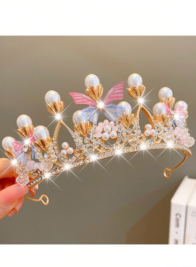 Happy D Princess Tiara Butterfly Princess Crown Bridal Accessories Performance Hair Bun Model Golden Pearl Headband Rhinestone Headpiece Girls' Birthday Crown (Butterfly) - Image 3