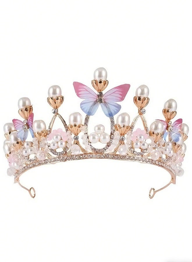 Happy D Princess Tiara Butterfly Princess Crown Bridal Accessories Performance Hair Bun Model Golden Pearl Headband Rhinestone Headpiece Girls' Birthday Crown (Butterfly) - Image 1