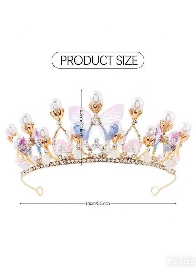 Happy D Princess Tiara Butterfly Princess Crown Bridal Accessories Performance Hair Bun Model Golden Pearl Headband Rhinestone Headpiece Girls' Birthday Crown (Butterfly) - Image 5