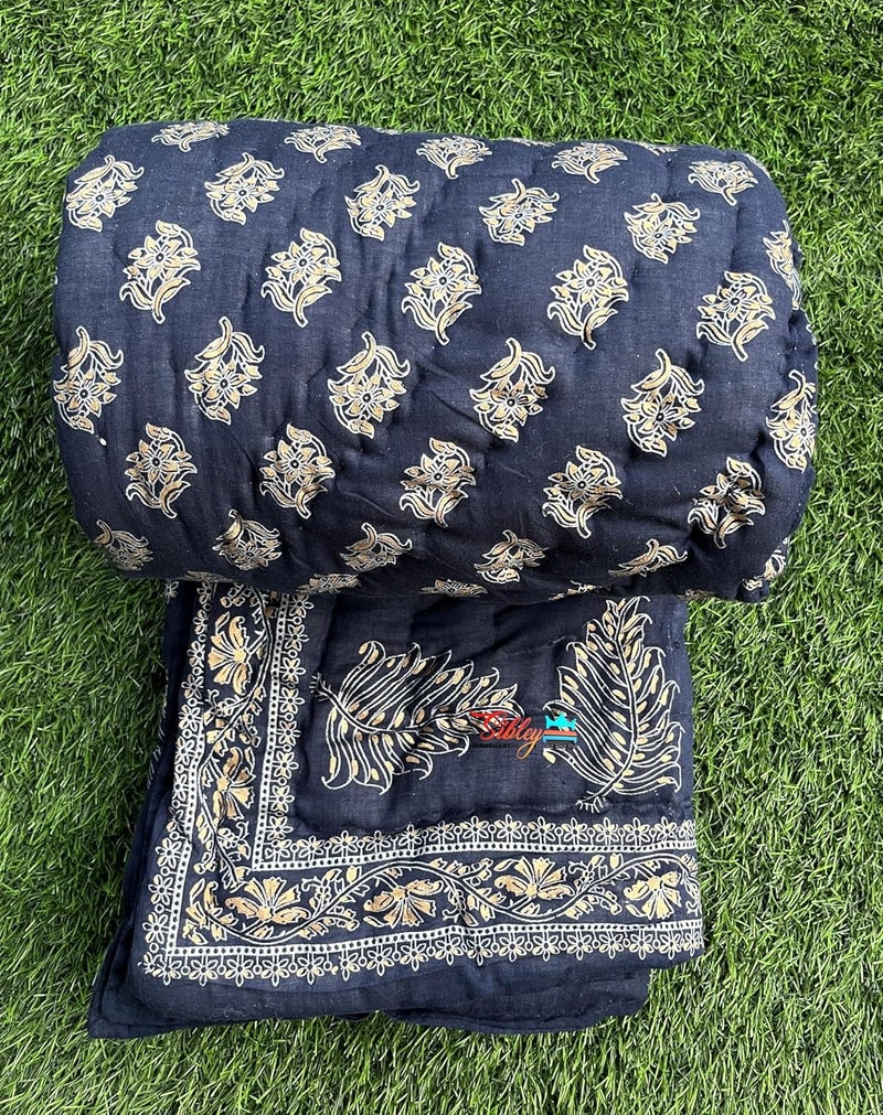SIBLEY Organic Pure Cotton Jaipuri RajaiRajasthani Traditional Cotton Quilt for Single Bed Razai for Winters 57X87 Blue - Image 2