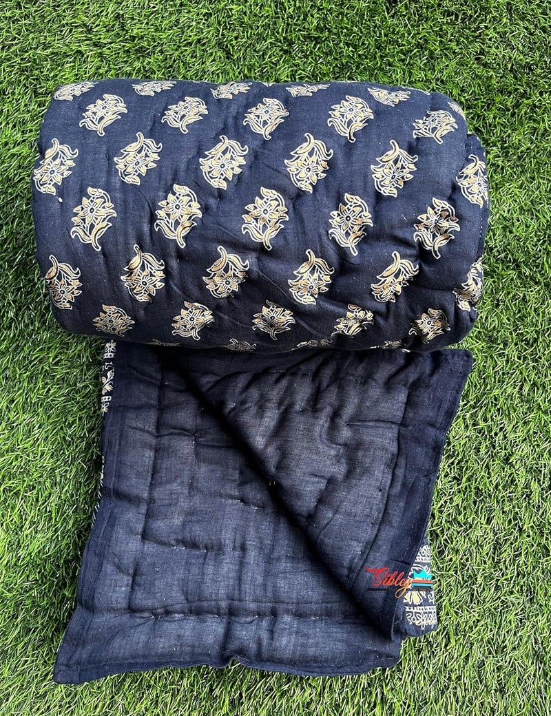 SIBLEY Organic Pure Cotton Jaipuri RajaiRajasthani Traditional Cotton Quilt for Single Bed Razai for Winters 57X87 Blue - Image 1
