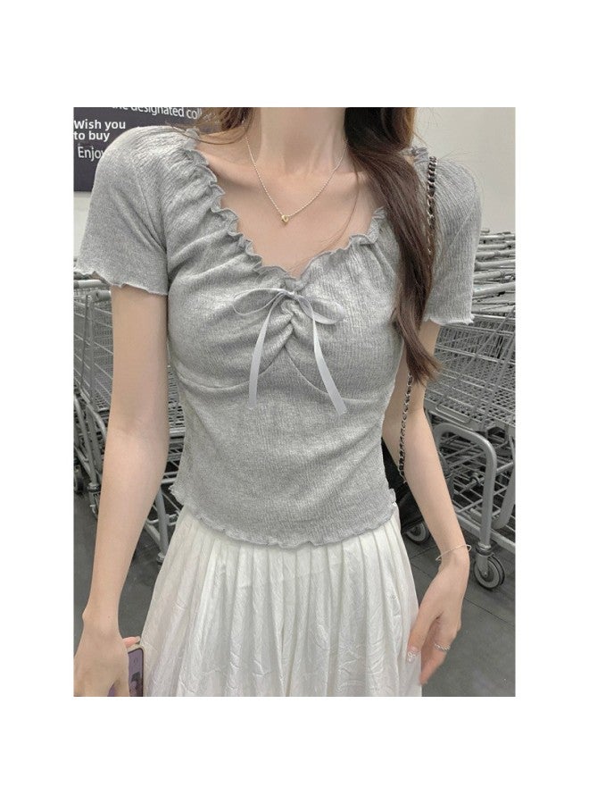 Real Shot Short-Sleeved T-Shirt Summer 2025 Korean Style Women's Trendyy Lace-Up Pure Color Slim Right Shoulder Short Lotus Leaf Collar Top 