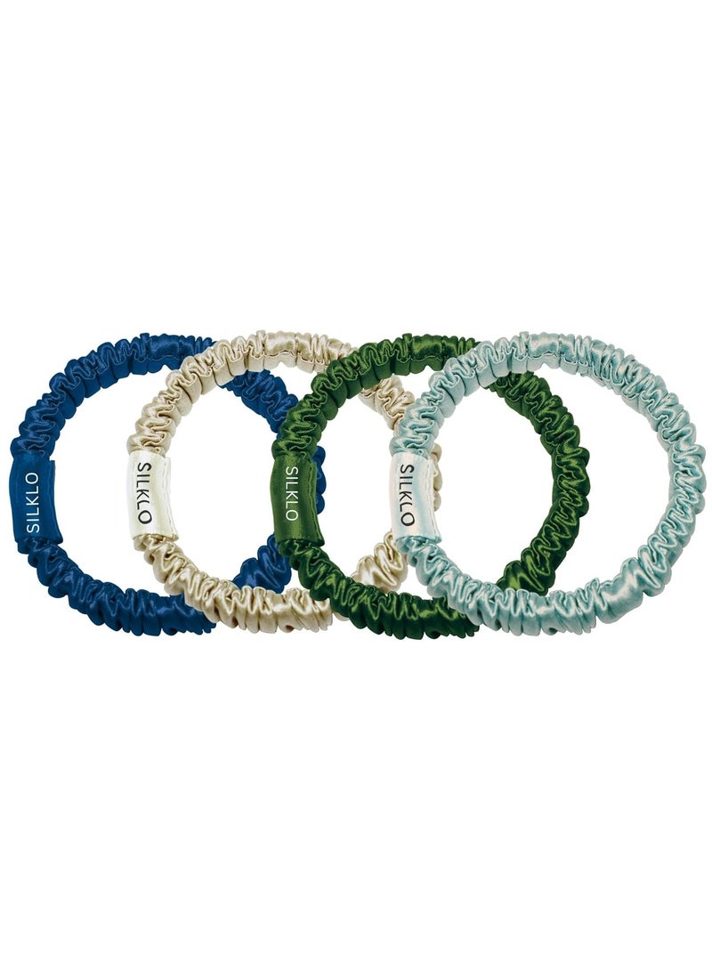 إيلور إيلاور سيلكلو ربطات شعر حريرية، 100% من حرير التوت النقي 22 موميه، مضادة لتساقط الشعر، لا تسبب تكسر الشعر، مضادة للتجعد والتجعيد، إكسسوارات شعر، 4 قطع (أزرق، شامبين، أخضر داكن، أخضر فاتح) - Image 1