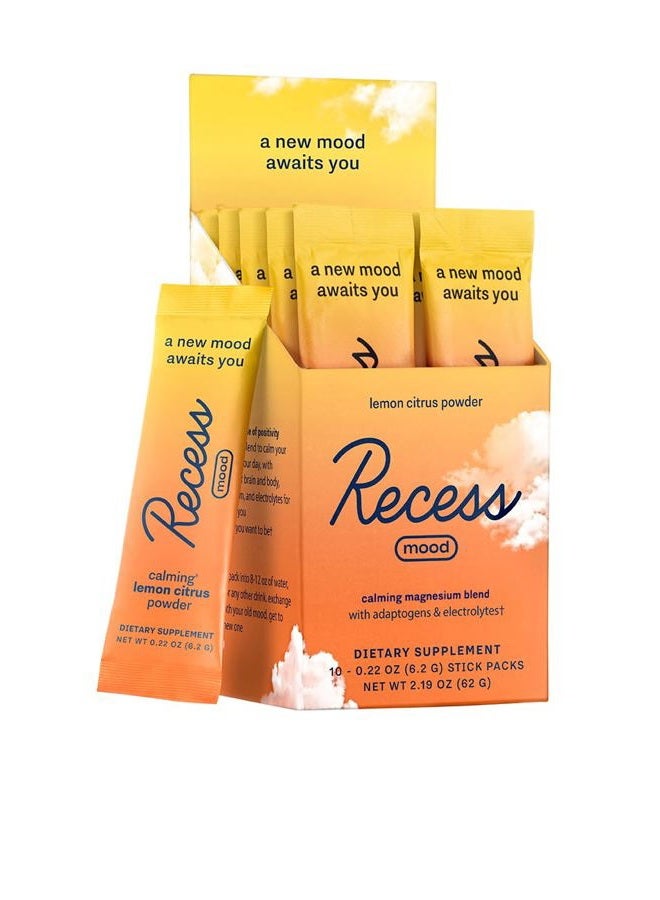 RECESS Mood Powder, Calming Magnesium L-Threonate Blend with Passion Flower, L-Theanine, Electrolytes, Magnesium Calm Support Powder Supplement - Lemon Citrus Pack of 10 - Image 1