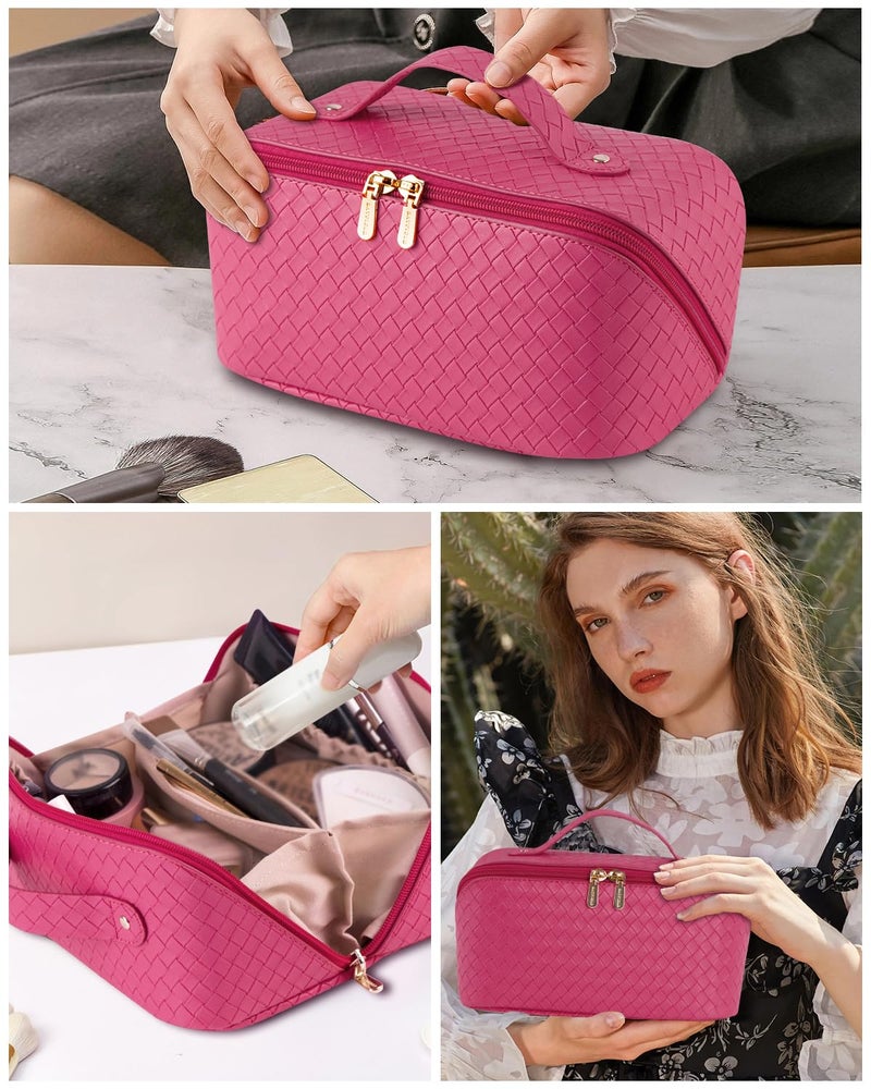Batfield Cosmetic Bag For Women, Litchi Pu Leather Makeup Pouch For Women, Large Capacity Cosmetic Travel Bag, Portable Makeup Kit Storage Bag With Handle And Divider (Woven Pink), 12 cm - Image 4