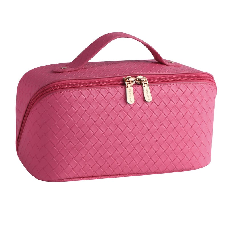 Batfield Cosmetic Bag For Women, Litchi Pu Leather Makeup Pouch For Women, Large Capacity Cosmetic Travel Bag, Portable Makeup Kit Storage Bag With Handle And Divider (Woven Pink), 12 cm - Image 1