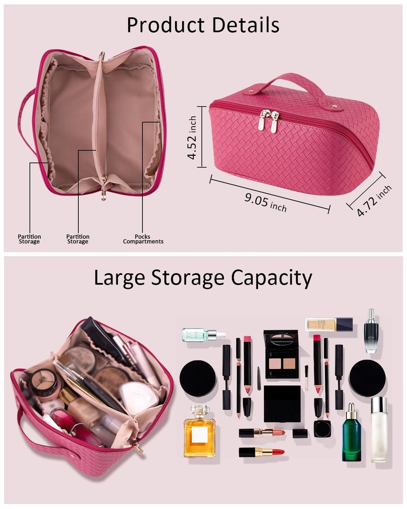Batfield Cosmetic Bag For Women, Litchi Pu Leather Makeup Pouch For Women, Large Capacity Cosmetic Travel Bag, Portable Makeup Kit Storage Bag With Handle And Divider (Woven Pink), 12 cm - Image 3
