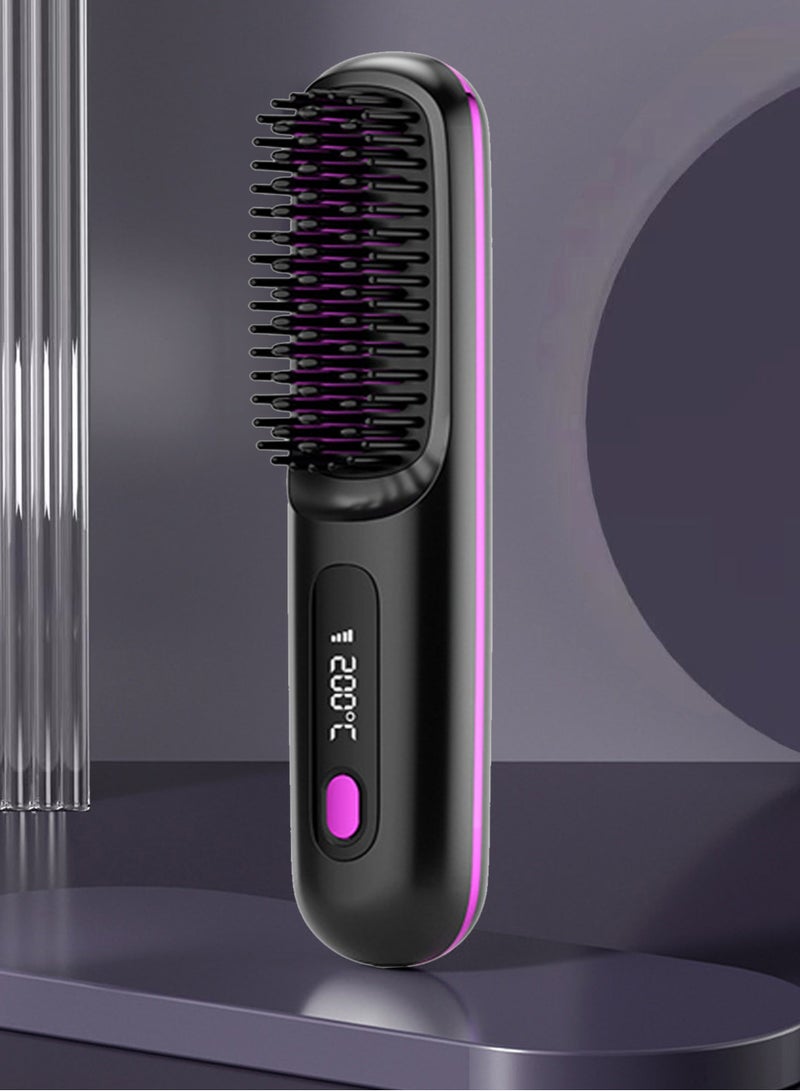Electric Hair Straightener Brush, Portable Ceramic Ionic Straightening Comb and Curler, LED Display, Fast Heating, 3 Temp Settings  Anti-Scald Head Massager for All Hair Types, Black - Image 1