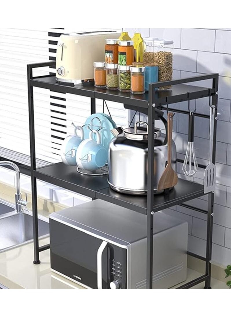 Generic Microwave Oven Rack 1 Pcs Toaster Rack Metal Plate Black Telescopic Storage Rack Kitchen Counter Storage Organizer (2-Tier)  - Image 1