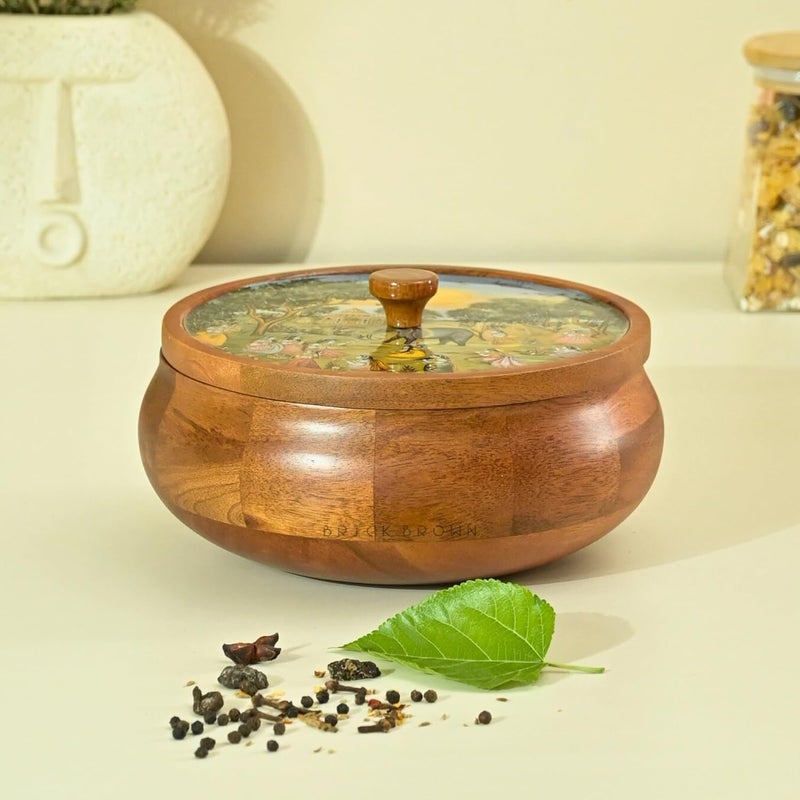 Brick Brown صندوق ماسالا ساغا المغلف بالمينا الخشبي بني Brick Brown ® للمطبخ | صندوق توابل | برطمانات توابل | رف توابل ومنظم صندوق تخزين ماسالا مع 7 حاويات وملعقة خشبية واحدة (8.5x4.2 بوصة) - Image 3