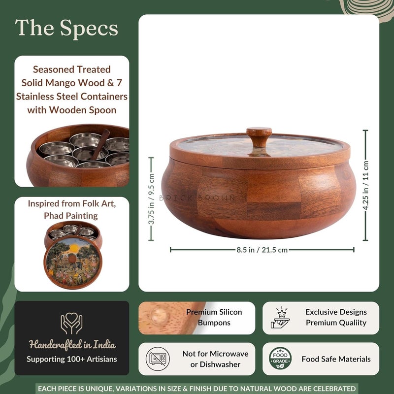 Brick Brown صندوق ماسالا ساغا المغلف بالمينا الخشبي بني Brick Brown ® للمطبخ | صندوق توابل | برطمانات توابل | رف توابل ومنظم صندوق تخزين ماسالا مع 7 حاويات وملعقة خشبية واحدة (8.5x4.2 بوصة) - Image 5