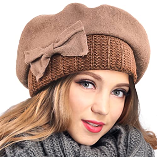 VECRY Women's 100% Wool Bucket Hat Felt Cloche Beret Dress Winter Beanie Hats (Beret-Khaki) - Image 4
