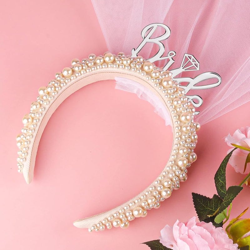 SYOSI Bride Headband For Bridal Shower Gift Elegant Pearl Bridal Headband With Veil Bachelorette Party Decorations Bride Accessories (Silver) - Image 1
