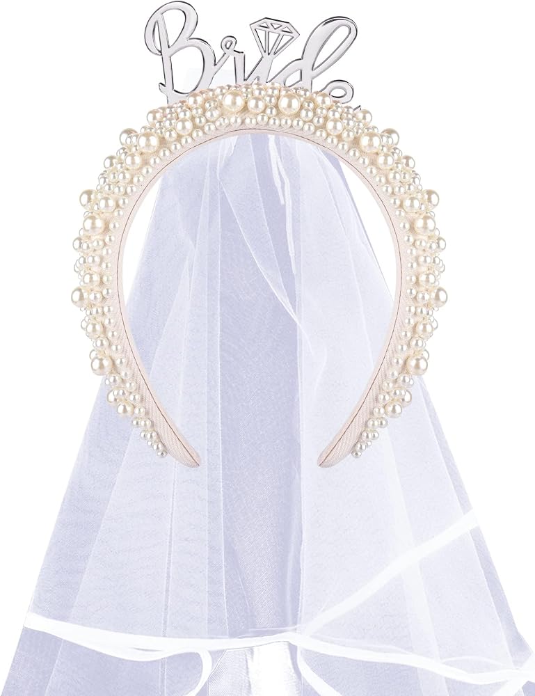 SYOSI Bride Headband For Bridal Shower Gift Elegant Pearl Bridal Headband With Veil Bachelorette Party Decorations Bride Accessories (Silver) - Image 5