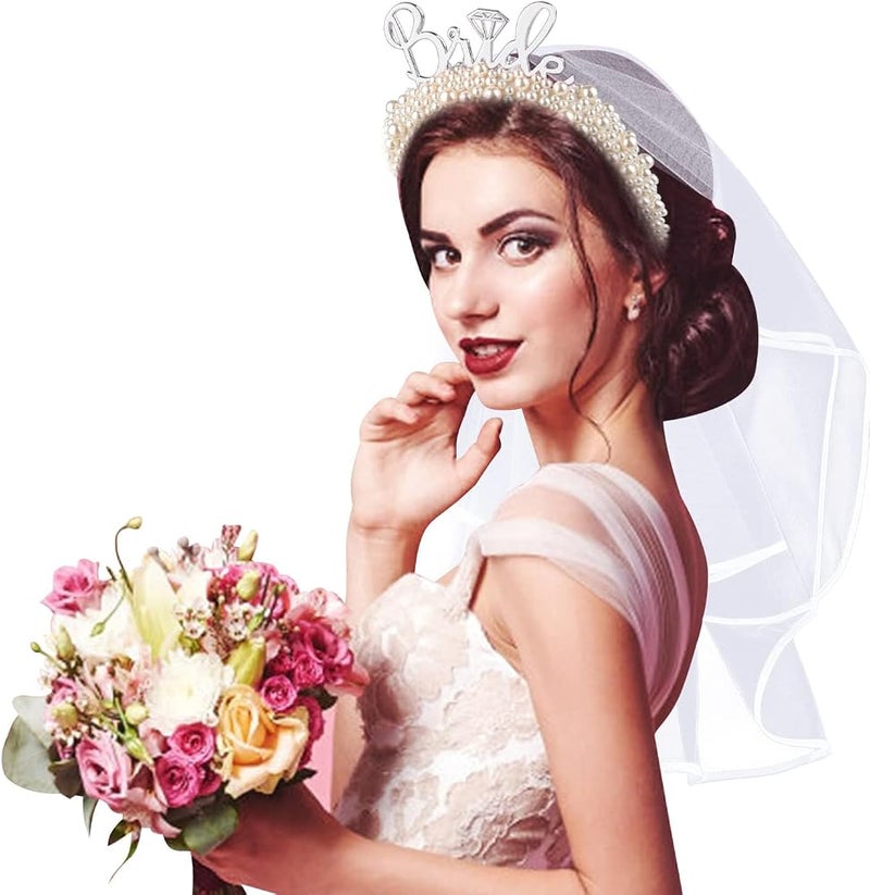 SYOSI Bride Headband For Bridal Shower Gift Elegant Pearl Bridal Headband With Veil Bachelorette Party Decorations Bride Accessories (Silver) - Image 2