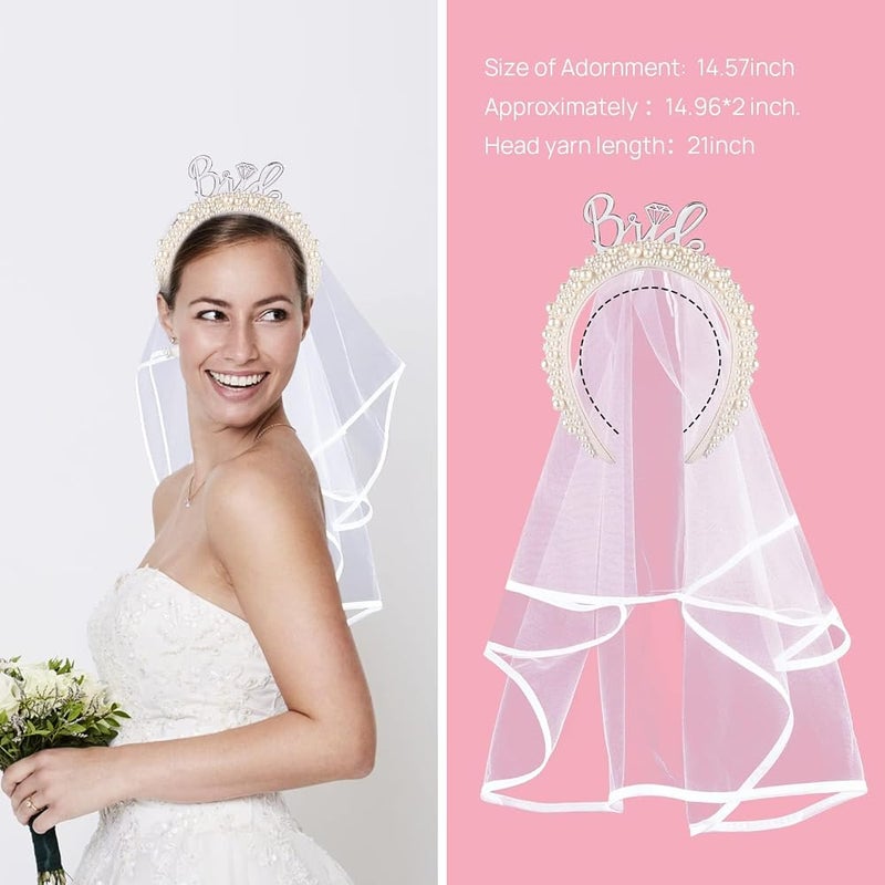 SYOSI Bride Headband For Bridal Shower Gift Elegant Pearl Bridal Headband With Veil Bachelorette Party Decorations Bride Accessories (Silver) - Image 3