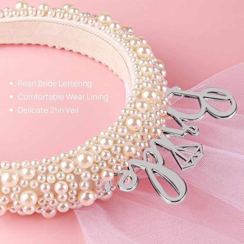 SYOSI Bride Headband For Bridal Shower Gift Elegant Pearl Bridal Headband With Veil Bachelorette Party Decorations Bride Accessories (Silver) - Image 4