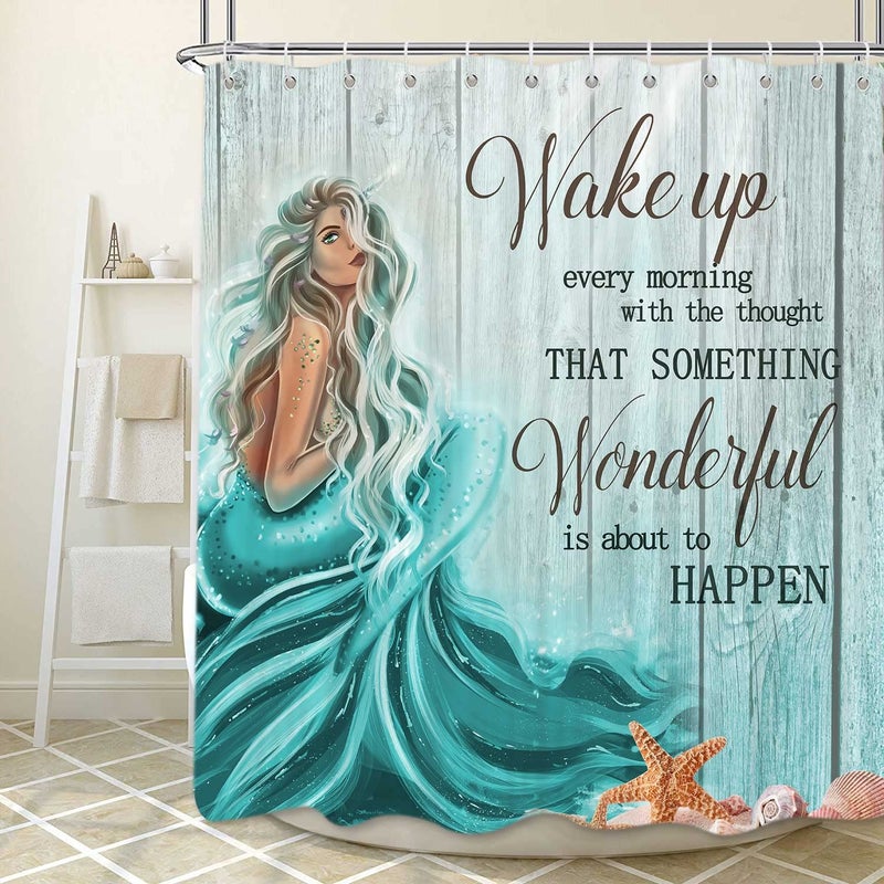 VEIGIKE Teal Mermaid Shower Curtain  Mermaid Tail Quote Inspirational Fabric Shower Curtains Set for Little Girls Women Bathroom  Nautical Ocean Theme Restroom Decor Accessories with Hooks 72X72inches - Image 2