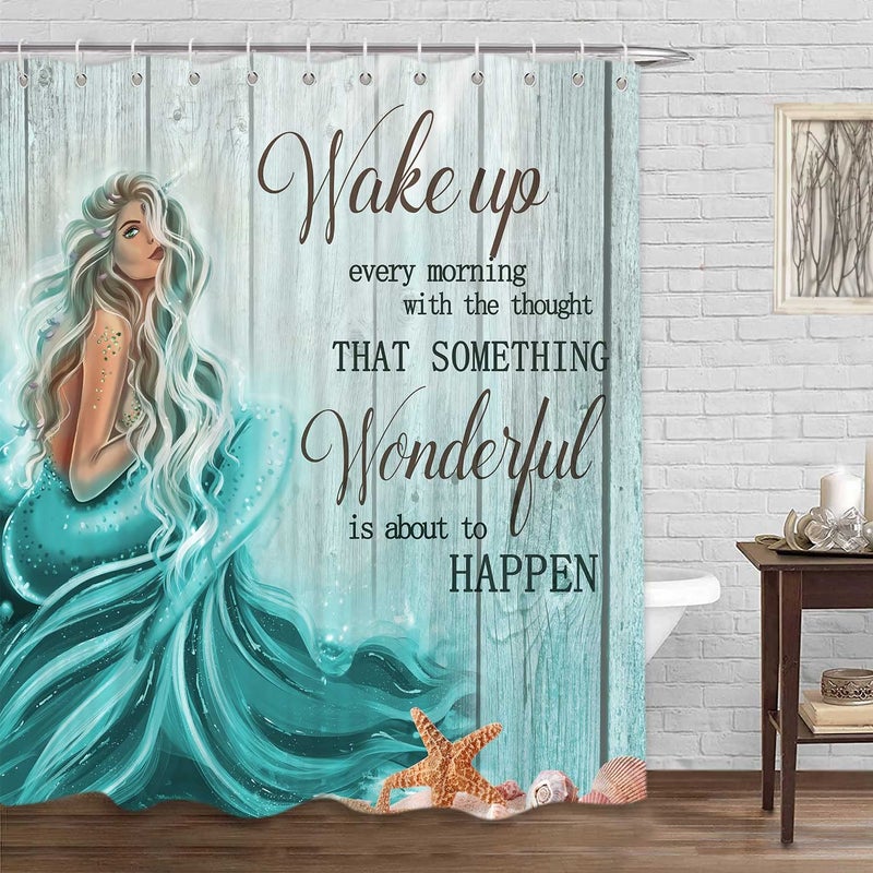 VEIGIKE Teal Mermaid Shower Curtain  Mermaid Tail Quote Inspirational Fabric Shower Curtains Set for Little Girls Women Bathroom  Nautical Ocean Theme Restroom Decor Accessories with Hooks 72X72inches - Image 3