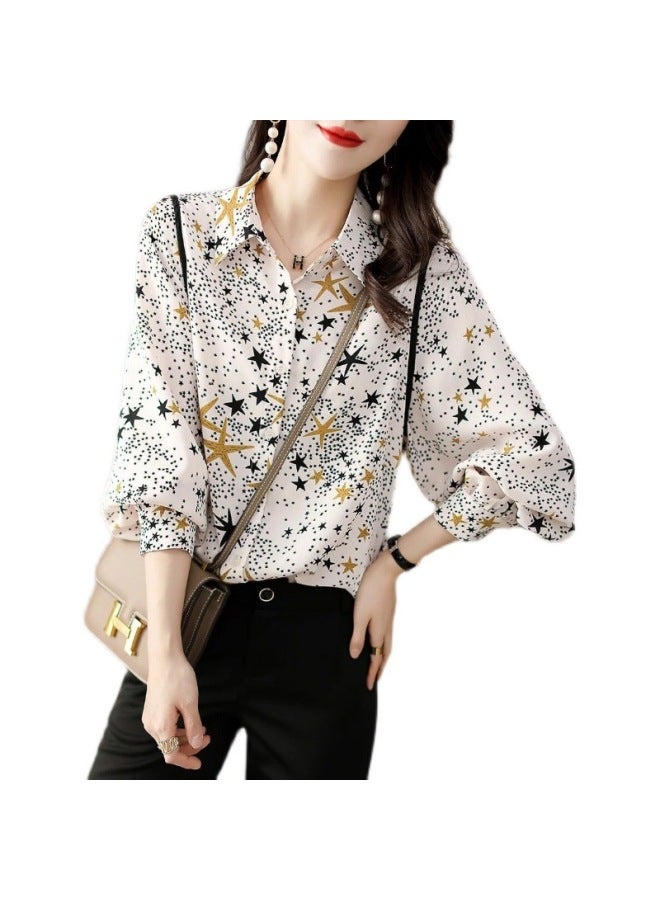 Star Autumn New Fashion Commuting Casual Simple Korean Style Flowy Printed Chiffon Shirt Women's Blouse - Image 5