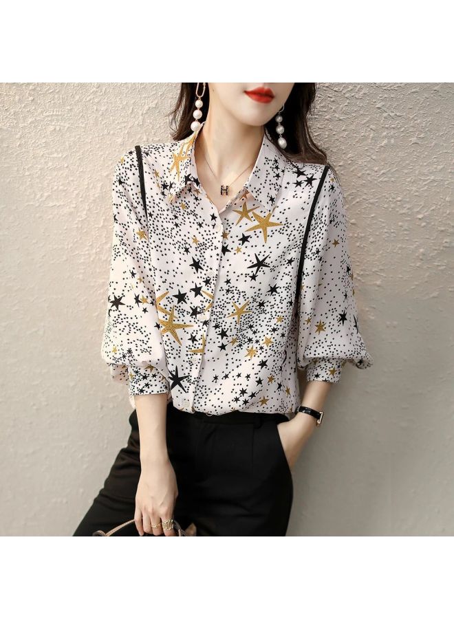Star Autumn New Fashion Commuting Casual Simple Korean Style Flowy Printed Chiffon Shirt Women's Blouse - Image 4
