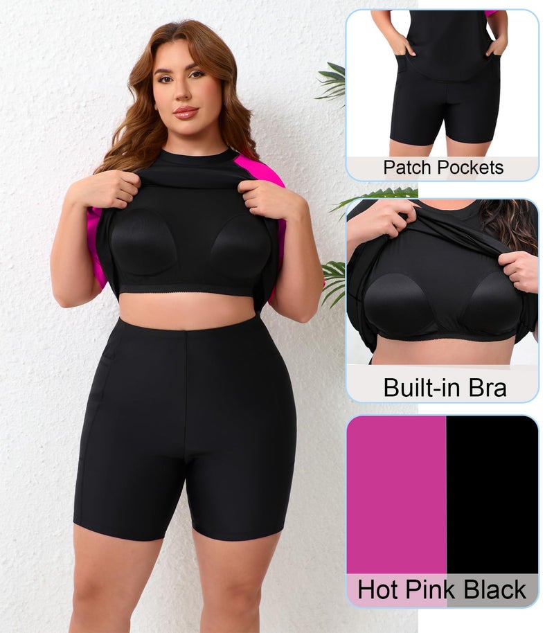 Halcurt Plus Size Rash Guard Sets with Shorts 2 Piece Bathing Suit Short Sleeve Built in Bra Swimwear Hot Pink 3X - Image 5