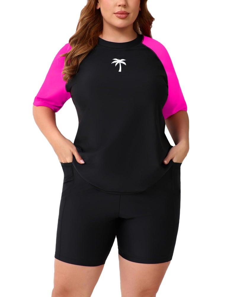 Halcurt Plus Size Rash Guard Sets with Shorts 2 Piece Bathing Suit Short Sleeve Built in Bra Swimwear Hot Pink 3X - Image 1