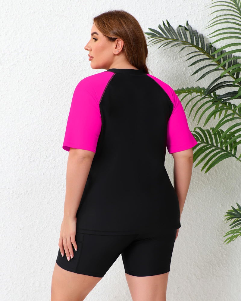 Halcurt Plus Size Rash Guard Sets with Shorts 2 Piece Bathing Suit Short Sleeve Built in Bra Swimwear Hot Pink 3X - Image 2