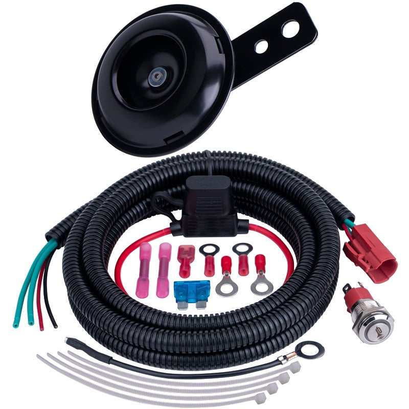 AOLIHAN طقم بوق AOLIHAN، طقم بوق عالمي لسيارات UTV مع مجموعة أسلاك زر، 105db، 12V، بلاستيك، قرص أسود، متوافق مع ATV، عربة جولف، بولاريس RZR رينجر، جانبي - Image 1