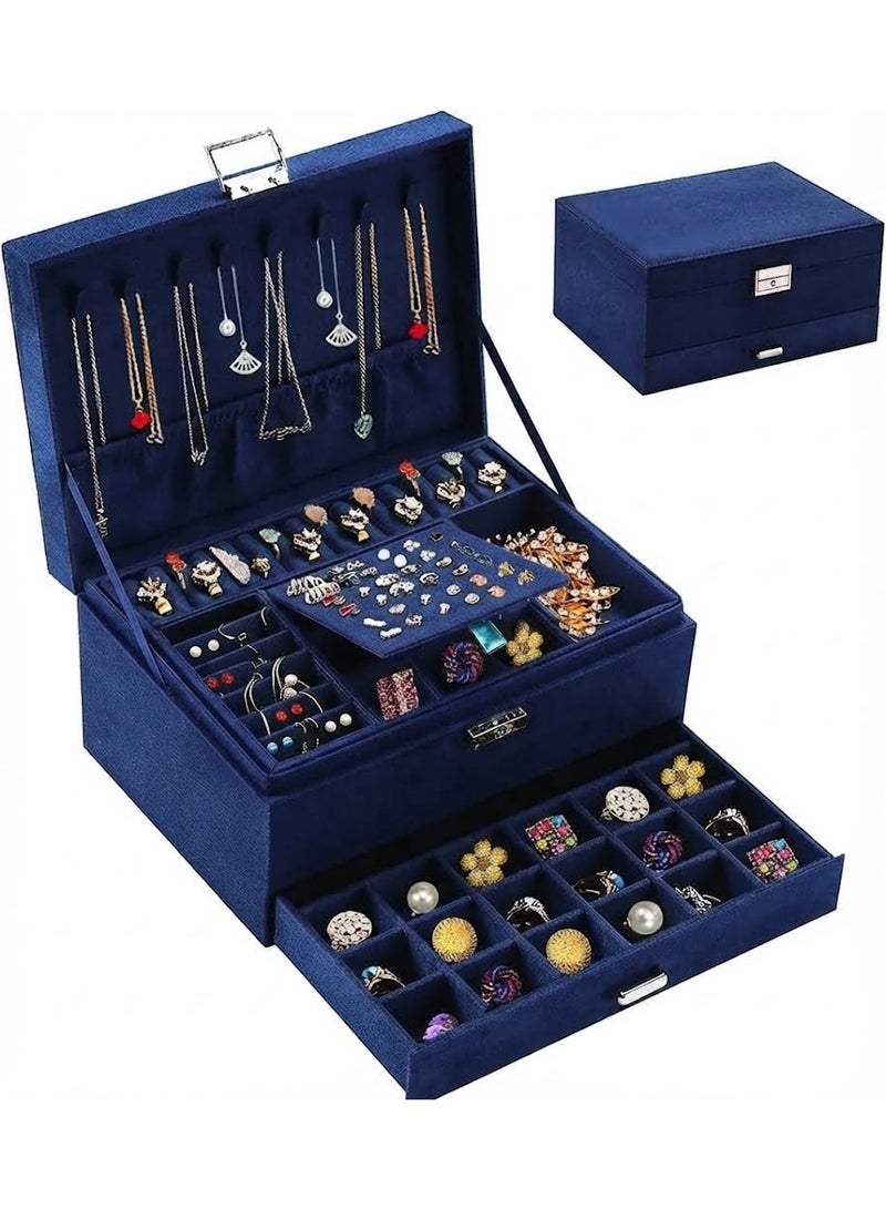 Jewelry Box Organizer Large 3 Layers Velvet Jewelry Box Fannel Jewelry Organizer with Lock Jewelry Display Holder Case for Earring Necklace Makeup Watches(dark blue) Size 17*25 cm - Image 1