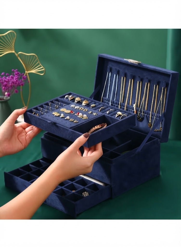 Jewelry Box Organizer Large 3 Layers Velvet Jewelry Box Fannel Jewelry Organizer with Lock Jewelry Display Holder Case for Earring Necklace Makeup Watches(dark blue) Size 17*25 cm - Image 4