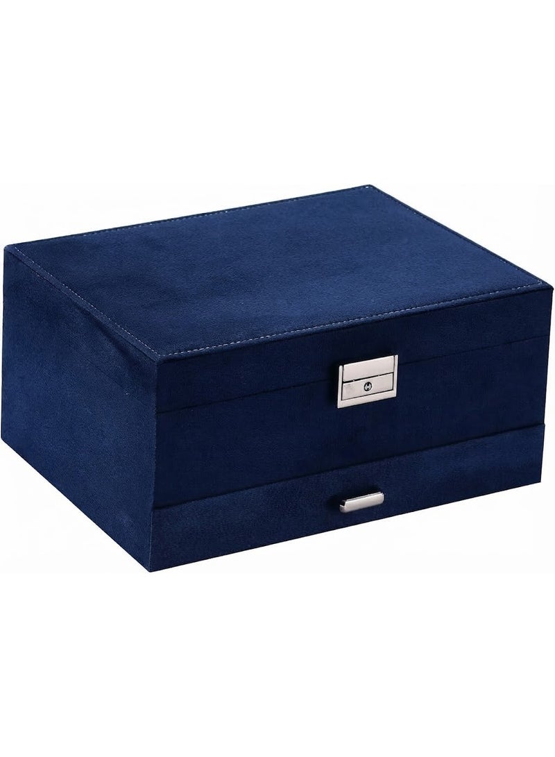 Jewelry Box Organizer Large 3 Layers Velvet Jewelry Box Fannel Jewelry Organizer with Lock Jewelry Display Holder Case for Earring Necklace Makeup Watches(dark blue) Size 17*25 cm - Image 3