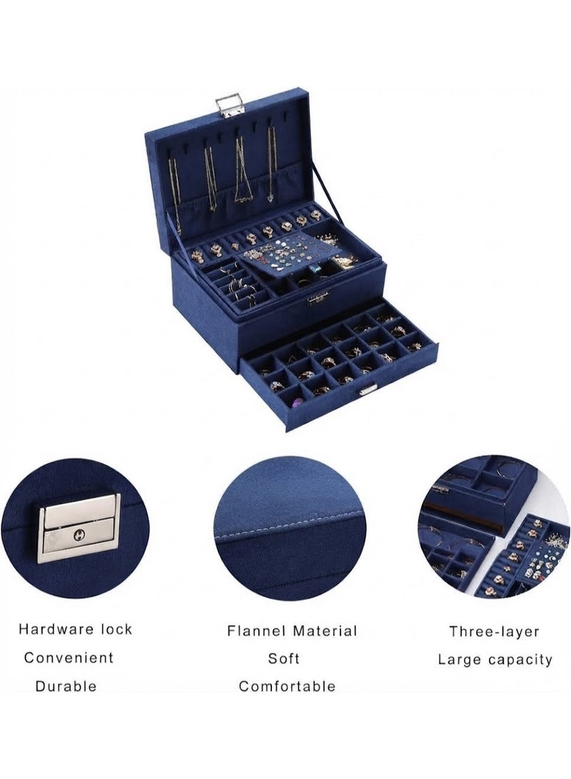 Jewelry Box Organizer Large 3 Layers Velvet Jewelry Box Fannel Jewelry Organizer with Lock Jewelry Display Holder Case for Earring Necklace Makeup Watches(dark blue) Size 17*25 cm - Image 2