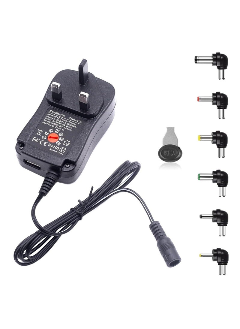 Captaintech - UK Universal Adapter Power Supply,220V TO 6V 9V 12V 15V 18V 24V Adjustable DC Charger Adapter Switching 41W 5V/2.1A USB Port with 6 Selectable Adapter Tips For Wifi Adapter Electronics - Image 1