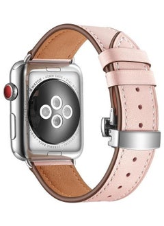 PROMASS Genuine Leather and Butterfly Silver Buckle Replacement Watchbands For Apple Watch Series 7/6/SE/5/4/3/2/1 38/40/41mm Pink 