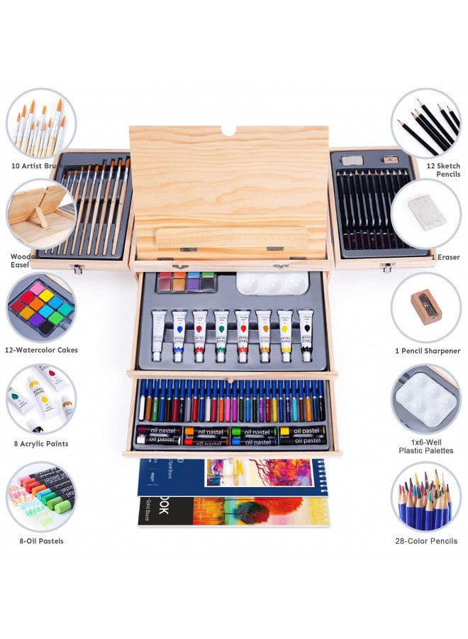 Color More 85 Piece Deluxe Wooden Art Supplies, Art Kit with Easel and Acrylic Pad, Art Set for Teens, Adults and Artist Beginners, Creative Gift Box with Wooden Case, Sketching Pencils, Artist Brushes - Image 1