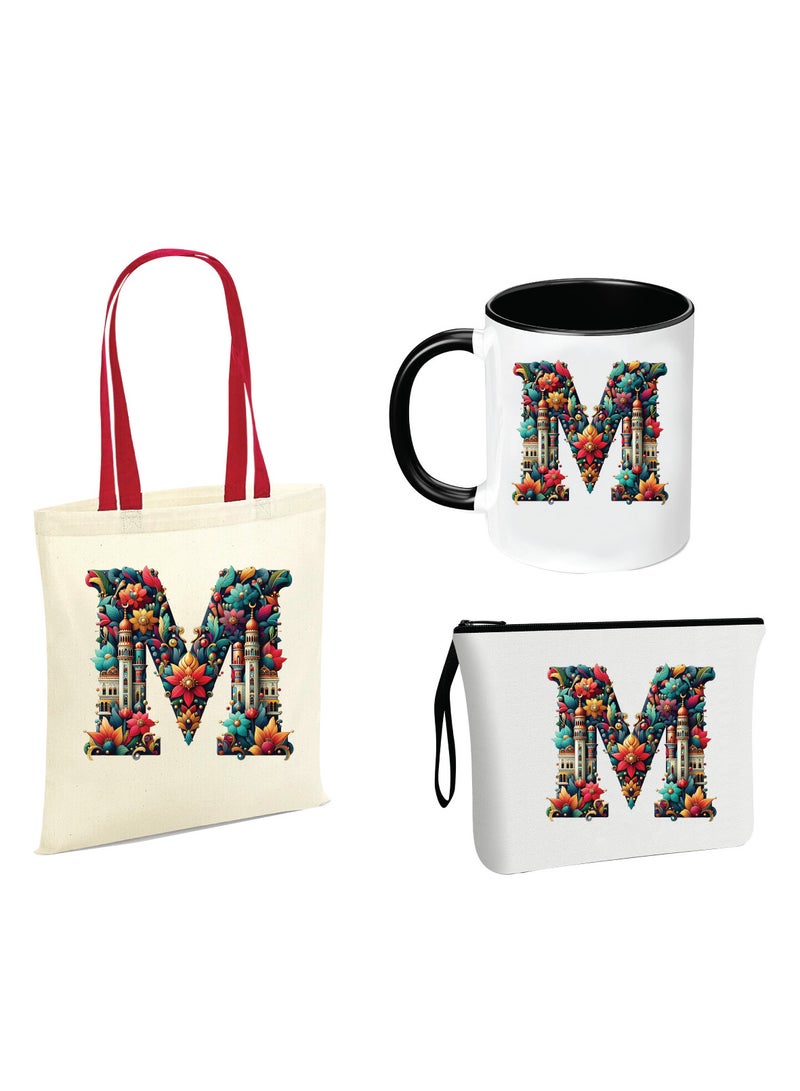 PRINTSHOP4ME Pack of 3 Initial Monogram Gift Set - Black Coffee Mug, Cosmetic Bag and Cotton Tote bag Set - Gift Set for Her - Perfect for Ramadan, School, Travel and Birthday Gift - Image 1