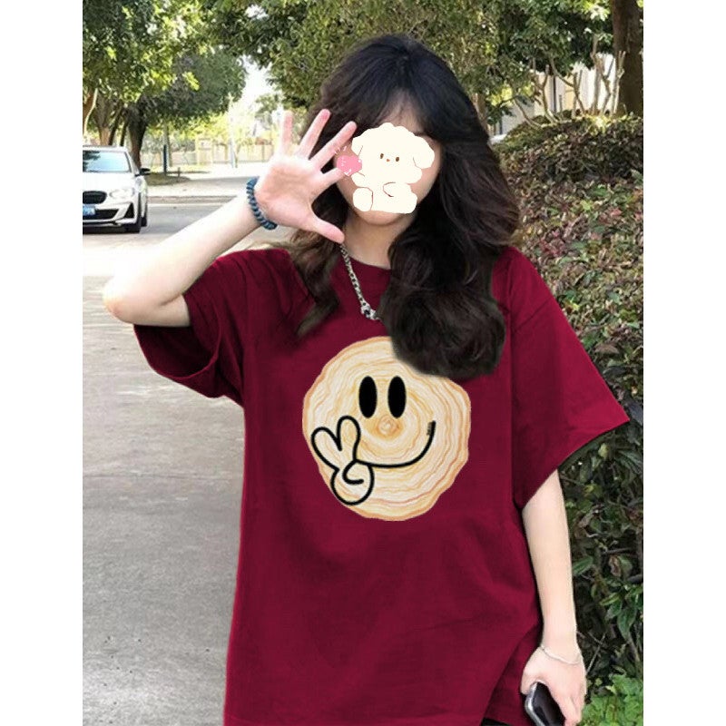 Pure Cotton National Fashion Brand Retro Green Shoulder Smiley Short-Sleeved T-Shirt Women'S Summer Loose Oversize All-Match Top - Image 3