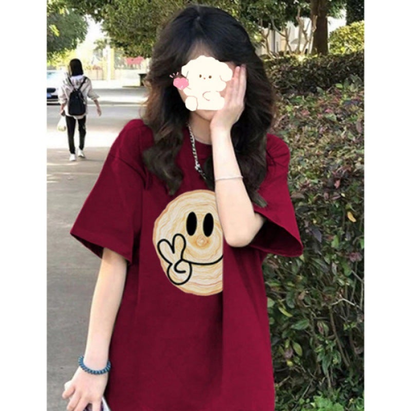 Pure Cotton National Fashion Brand Retro Green Shoulder Smiley Short-Sleeved T-Shirt Women'S Summer Loose Oversize All-Match Top - Image 1