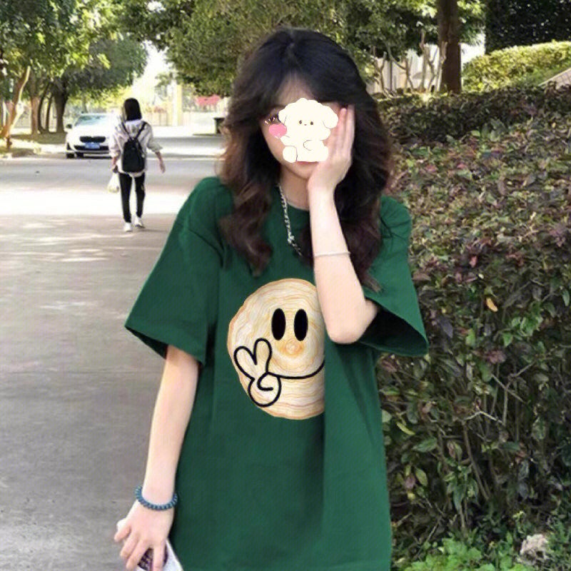 Pure Cotton National Fashion Brand Retro Green Shoulder Smiley Short-Sleeved T-Shirt Women'S Summer Loose Oversize All-Match Top - Image 2