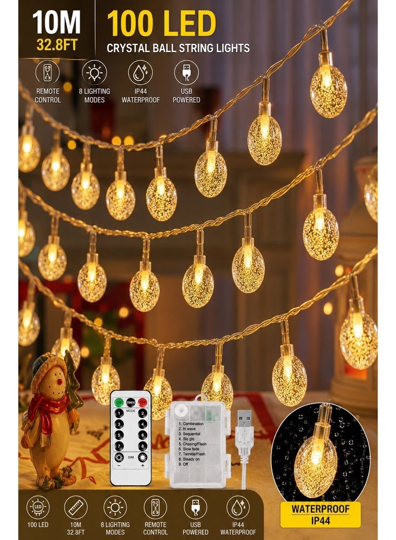 فيلارو سلسلة مصابيح VELARO بطول 10 أمتار و100 مصباح LED على شكل كرات كريستالية، مزودة بجهاز تحكم عن بعد وتعمل عبر USB، تتميز بـ 8 أوضاع للإضاءة، ومقاومة للماء؛ مثالية لتزيين غرف النوم والحدائق والباحات وحفلات الزفاف والحفلات والشرفات والساحات الخارجية، بلون أبيض دافئ. - Image 1