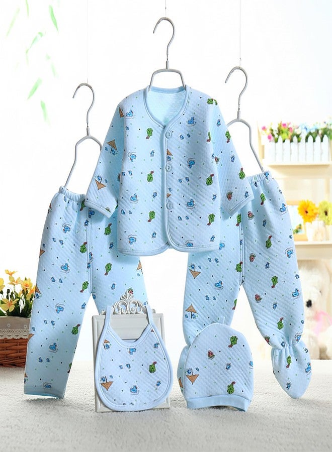 Fancy Walas Presents New Born Baby Winter Wear Printed Baby Clothes 5Pcs Sets 100% Cotton Boys Girls Unisex Baby Cotton/Winter or Flannel Suit Infant Clothes (Blue, 0-3 months) - Image 3