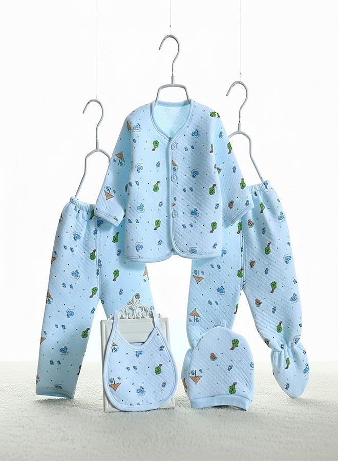 Fancy Walas Presents New Born Baby Winter Wear Printed Baby Clothes 5Pcs Sets 100% Cotton Boys Girls Unisex Baby Cotton/Winter or Flannel Suit Infant Clothes (Blue, 0-3 months) - Image 1